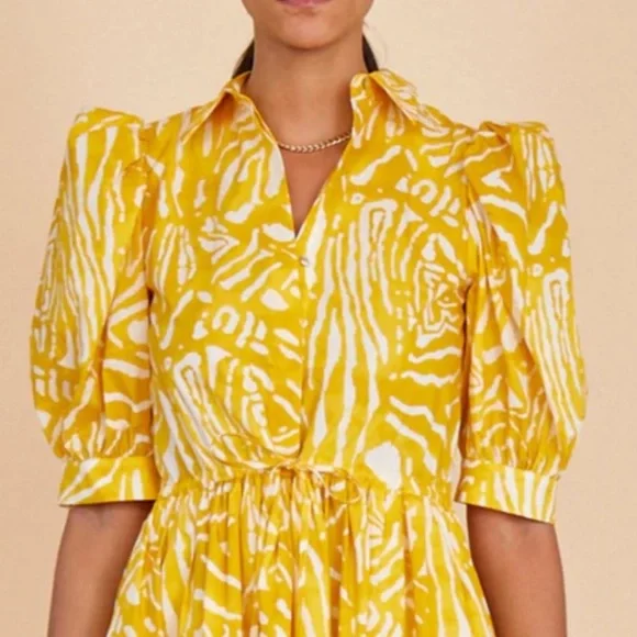 Hunter Bell McCauley Shirt Dress Marigold Palms Sz M Yellow puff sleeve - Picture 2 of 6